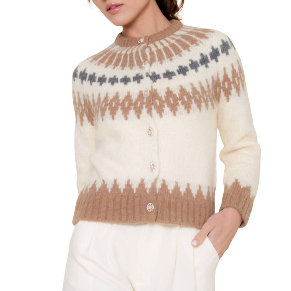 NEW FORE COLLECTION christmas holiday ski pattern knitted cardigan in cream mult